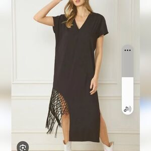 Entro Womens Black Boho Chic Netted Fringe Hem Resort Maxi Dress sz L Lagenlook